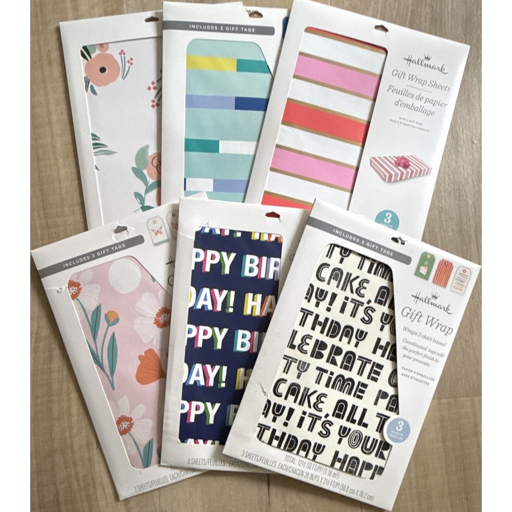 Wrapping Paper Sheets Lot Of 6 20x30 in, Floral & Stripes, Birthday Hallmark